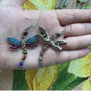 Silver Dragonfly Earrings With Colorful Rainbow Gemstone Crystals